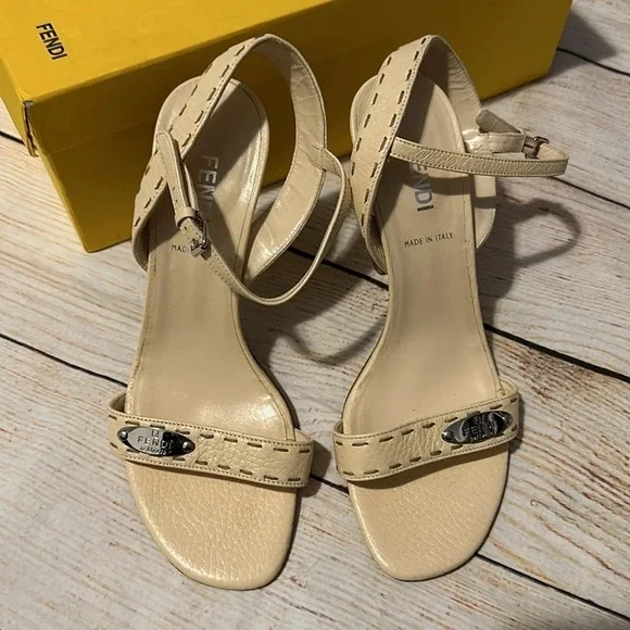 Fendi Leather logo strappy nude Beige party work heels Size 6 - Picture 2 of 11